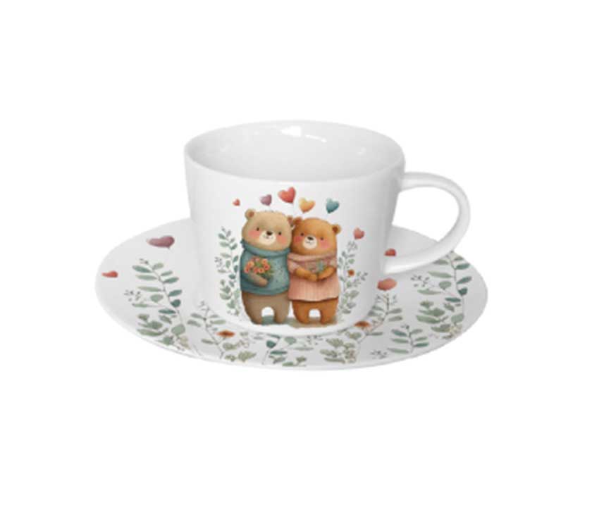 Bögre, csésze Valentin napi porcelán csésze aljjal 240 ml szerelmes maci pár szívvel ablakos díszdobozban