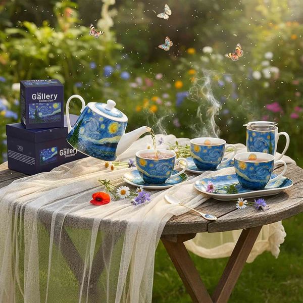 Van Gogh Csillagos éj porcelán reggeliző szett tálcával – 450 ml