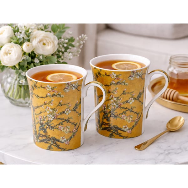 Van Gogh Mandulavirágzás porcelán bögre szett - 300 ml sárga hátterű - szív díszdobozos