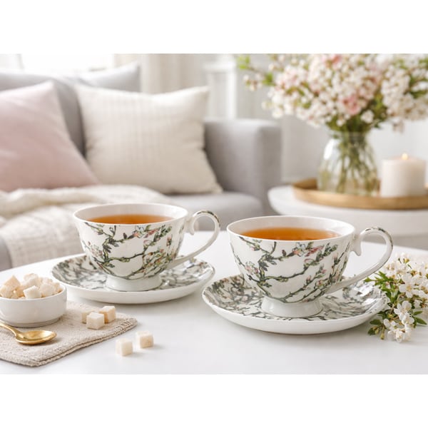 Van Gogh Mandulavirágzás porcelán cszésze aljjal szett - 250 ml fehér hátterű - díszdobozos