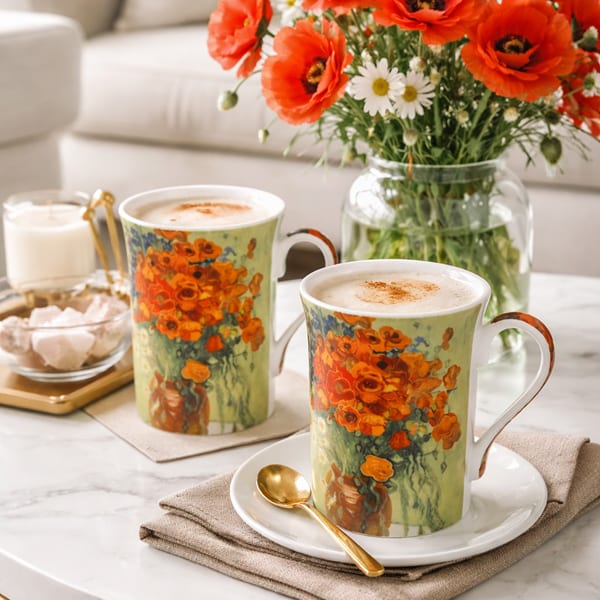 Van Gogh Vörös pipacsok a vázában porcelán bögre szett 300 ml - szív díszdobozos