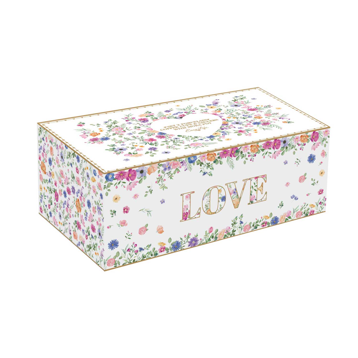 Virág mintás kotyogós kávéfőző két személyes porcelán kávés csészével díszdobozban Easy Life Mon Amour