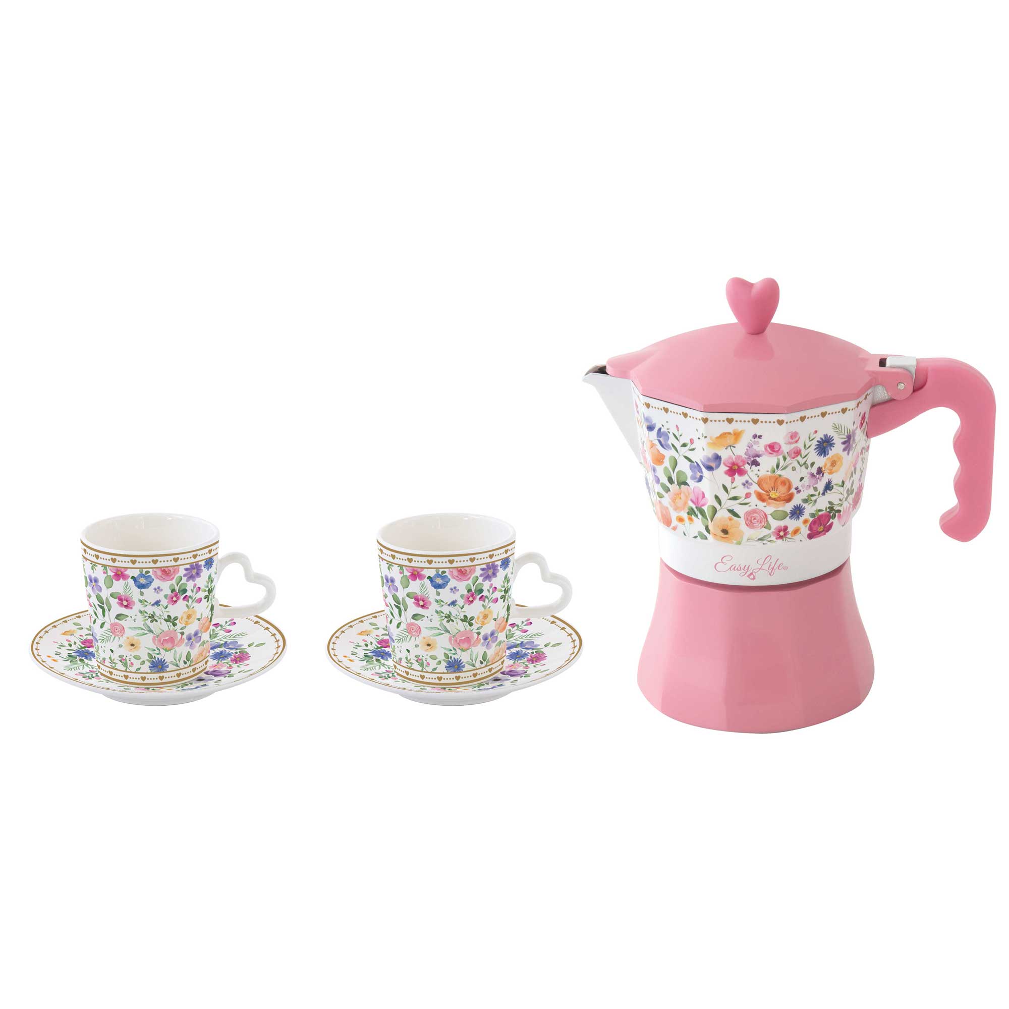 Virág mintás kotyogós kávéfőző két személyes porcelán kávés csészével díszdobozban Easy Life Mon Amour