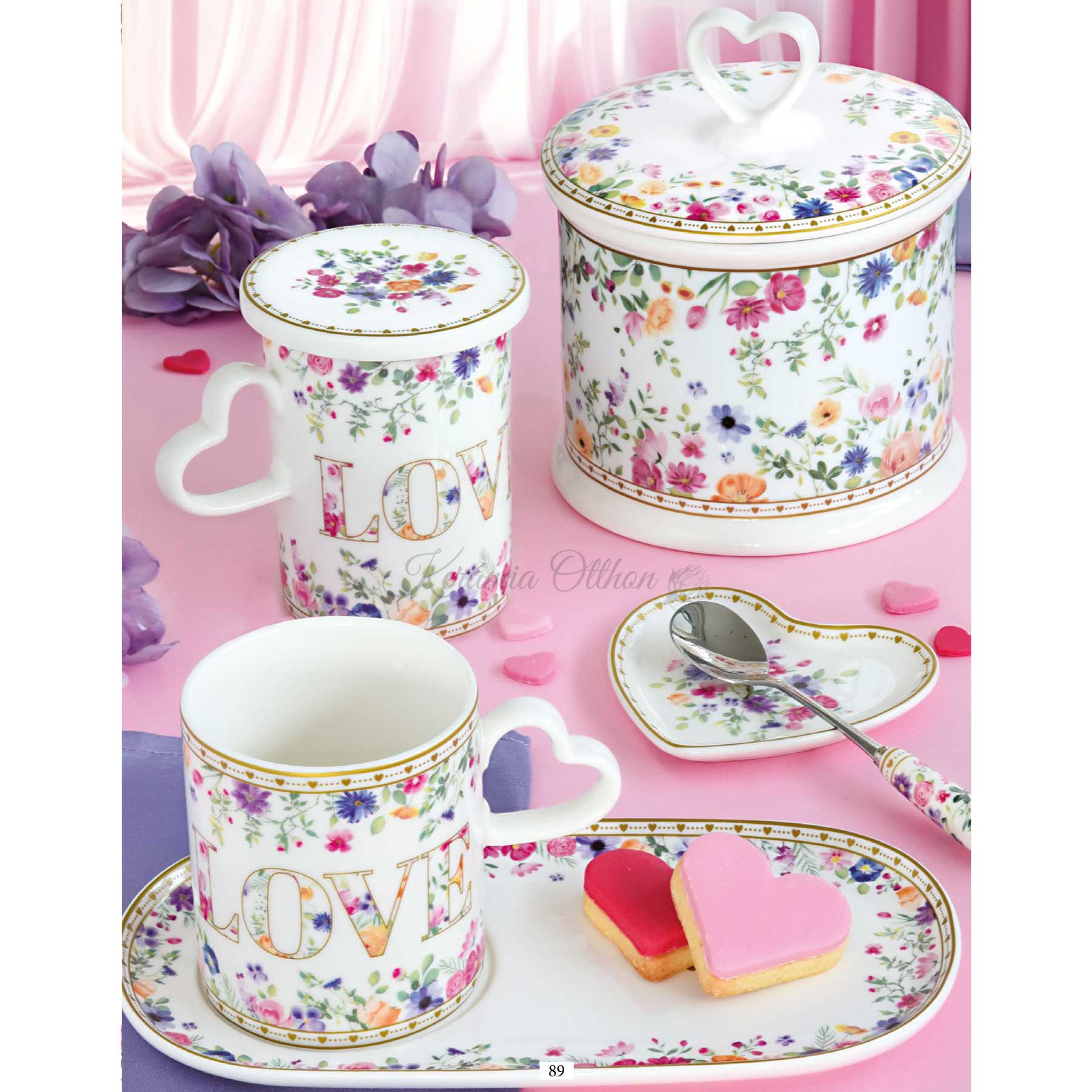 Virág mintás porcelán bögre fém szűrővel tetővel díszdobozban Easy Life Mon Amour