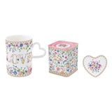 Virág mintás porcelán bögre fém dobozzal és teafiltertartóval szett díszdobozban Easy Life Mon Amour