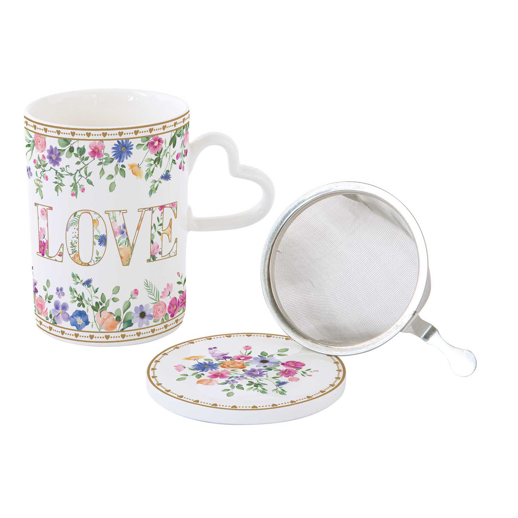Virág mintás porcelán bögre fém szűrővel tetővel díszdobozban Easy Life Mon Amour
