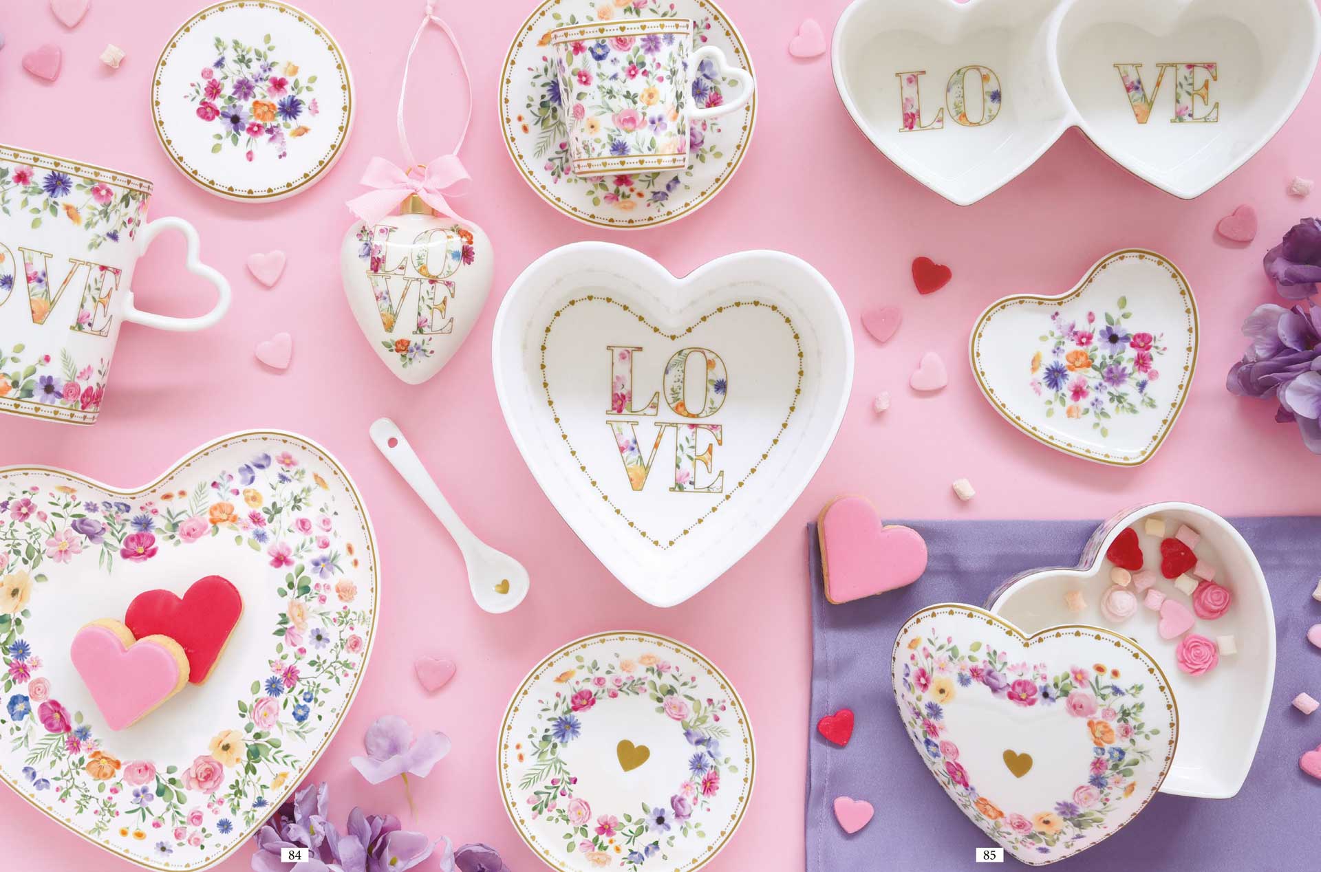 Virág mintás porcelán dupla szív alakú tálka LOVE díszdobozban Easy Life Mon Amour