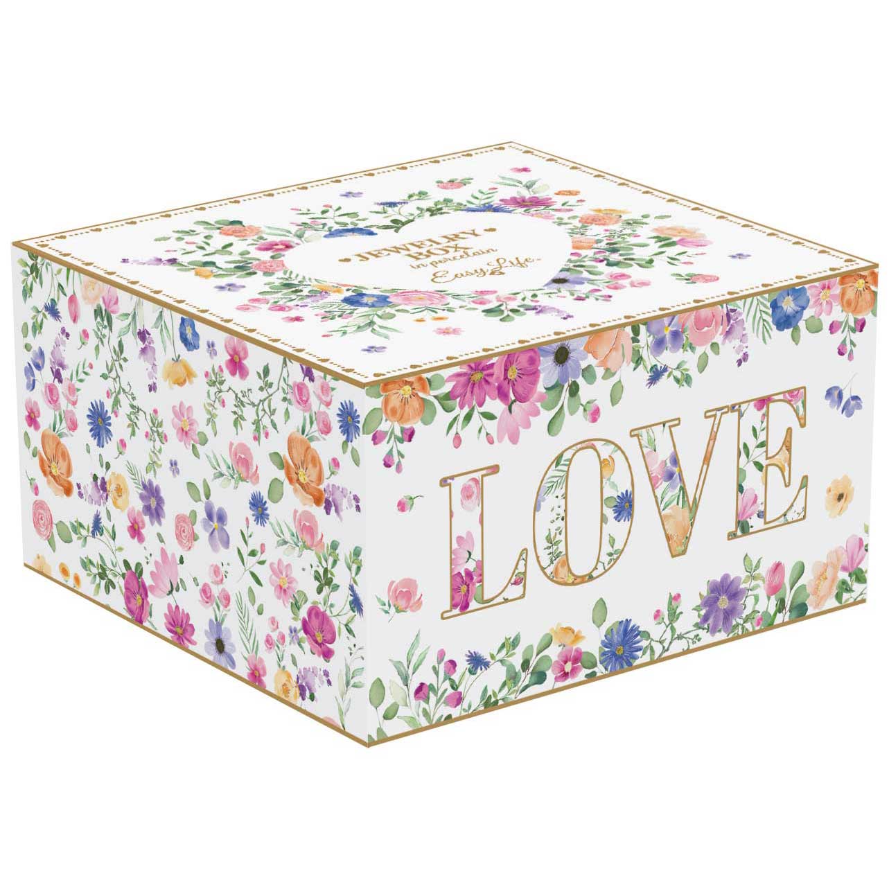 Virág mintás porcelán fedeles ékszertartó tálka díszdobozban Easy Life Mon Amour