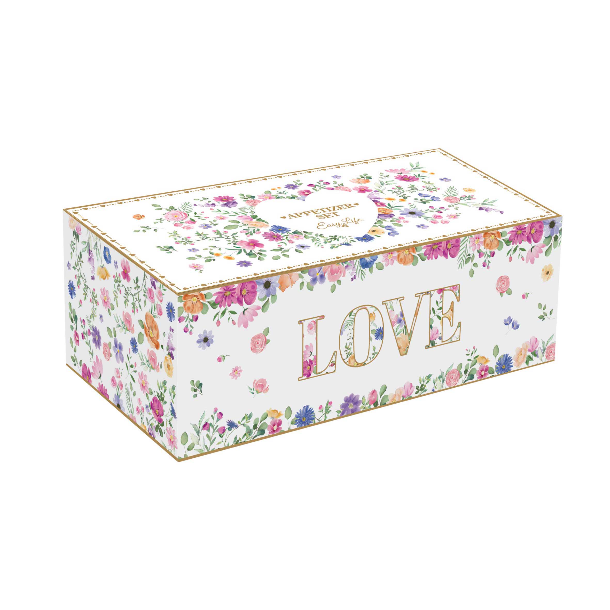 Virág mintás porcelán szívtálka 2 db akácfatálcán díszdobozban Easy Life Mon Amour