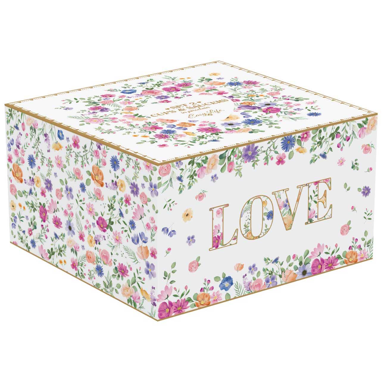 Virág mintás porcelán teáscsésze aljjal 2 személyes díszdobozban Easy Life Mon Amour