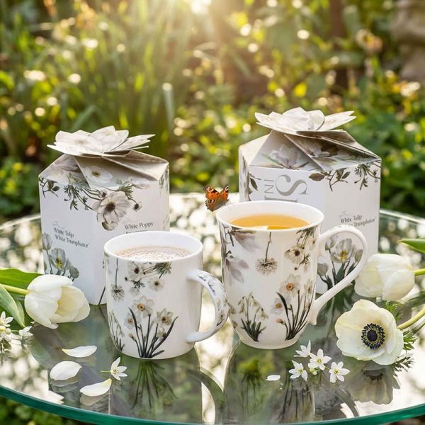 Virágos porcelán bögre – 400 ml – fehér design díszdobozban