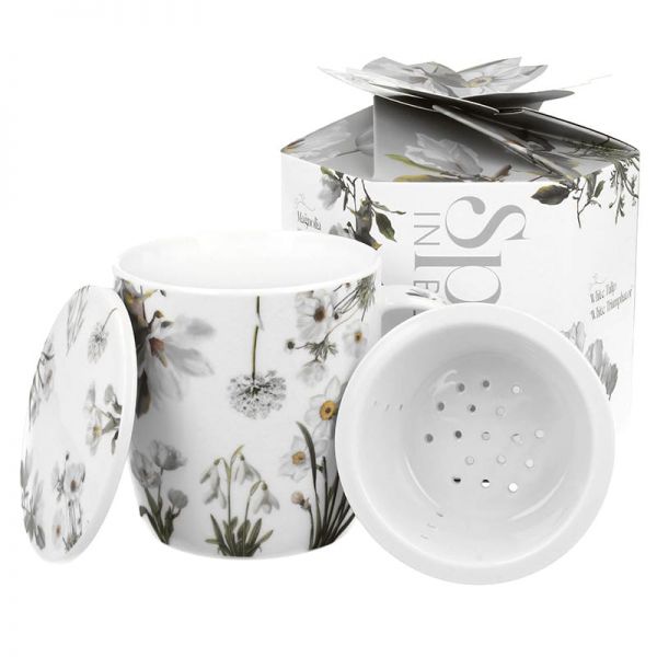 Virágos porcelán bögre szűrővel – 400 ml – fehér díszdobozos