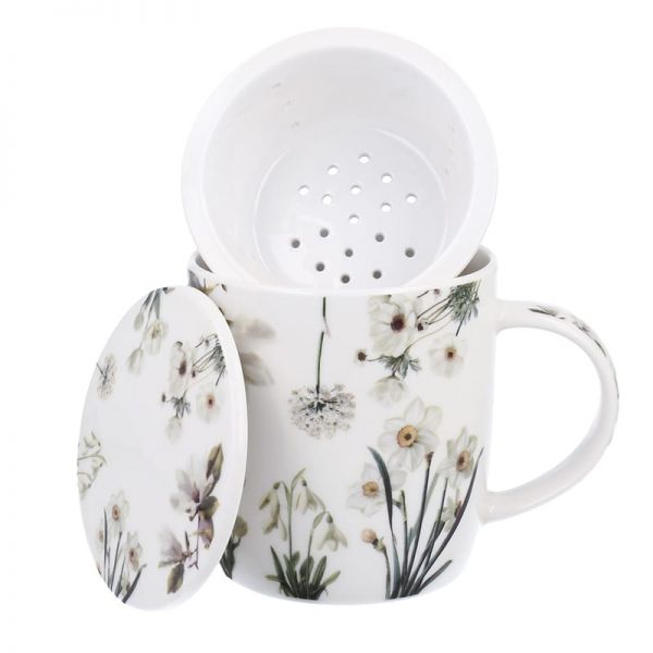 Virágos porcelán bögre szűrővel – 400 ml – fehér díszdobozos