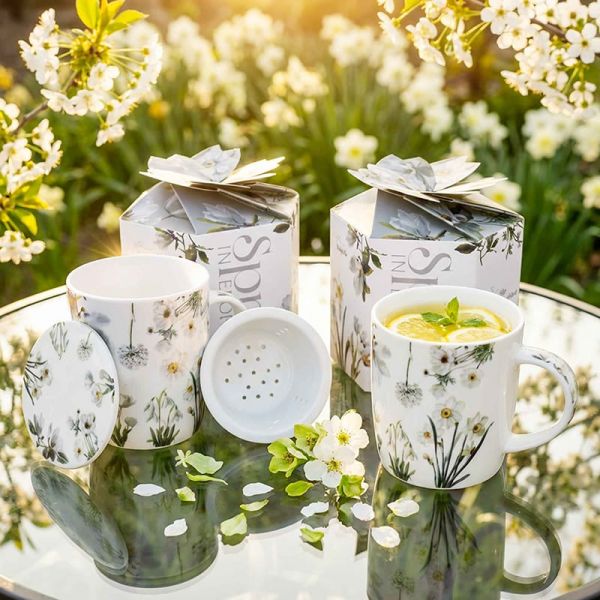 Virágos porcelán bögre szűrővel – 400 ml – fehér díszdobozos