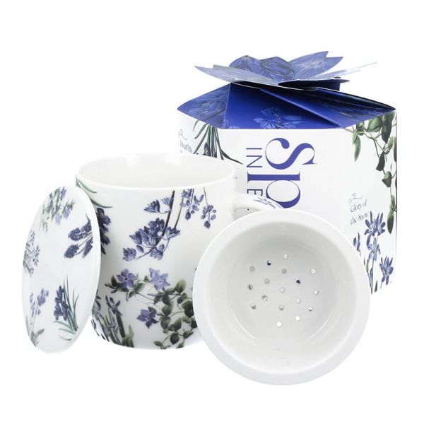 Virágos porcelán bögre szűrővel – 400 ml – kék díszdobozos