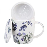 Virágos porcelán bögre szűrővel – 400 ml – kék díszdobozos