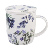 Virágos porcelán bögre szűrővel – 400 ml – kék díszdobozos