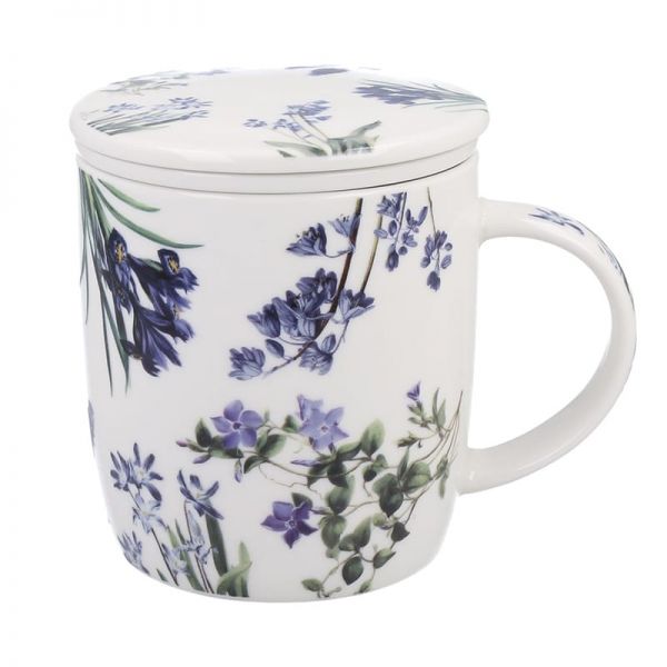 Virágos porcelán bögre szűrővel – 400 ml – kék díszdobozos
