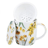 Virágos porcelán bögre szűrővel – 400 ml – sárga díszdobozos