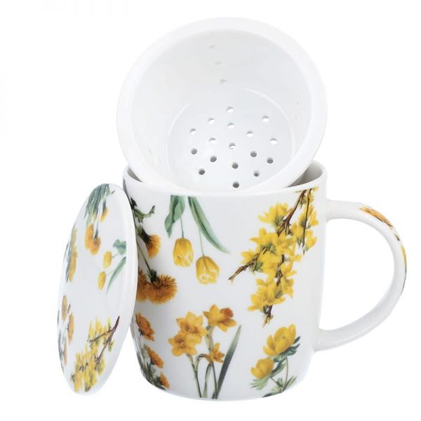 Virágos porcelán bögre szűrővel – 400 ml – sárga díszdobozos