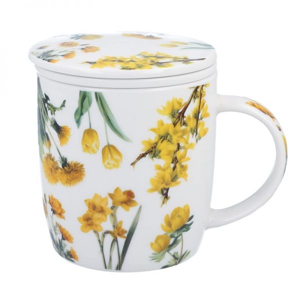 Virágos porcelán bögre szűrővel – 400 ml – sárga díszdobozos