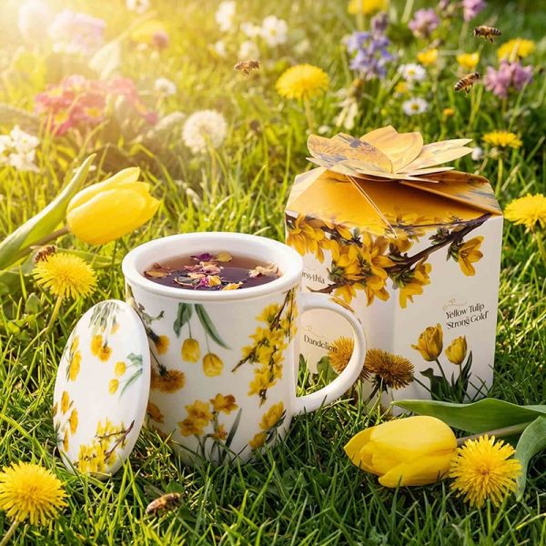 Virágos porcelán bögre szűrővel – 400 ml – sárga díszdobozos