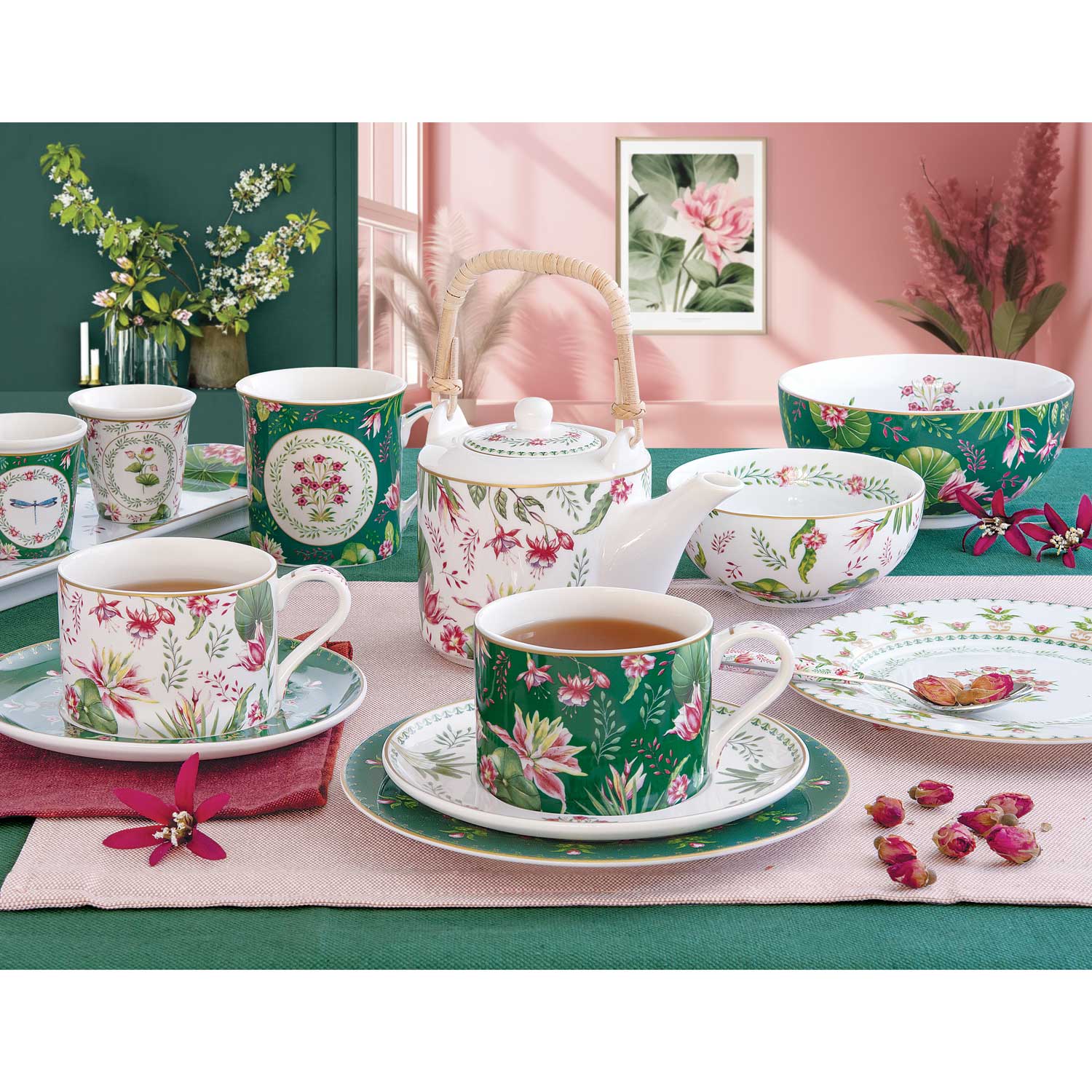 Bögre Virágos porcelán nagy reggeliző csésze aljjal díszdobozban Botanic Chic