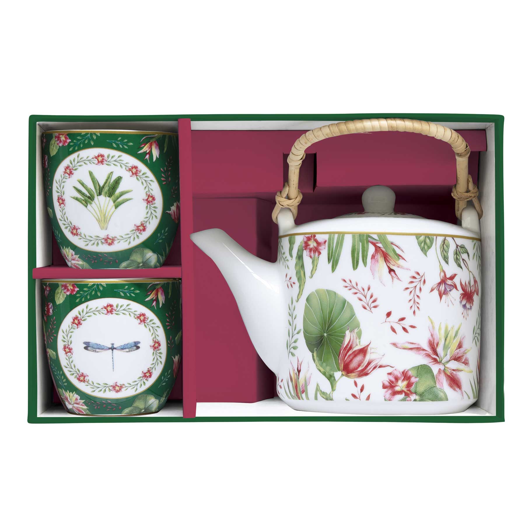 Teáskanna Virágos porcelán teáskanna 600 ml fémszűrővel pohárral díszdobozban Botanic Chic