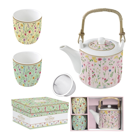 Bögre Virágos porcelán teáskanna szűrővel és pohárral szett Coffee Mania Meadow Flowers