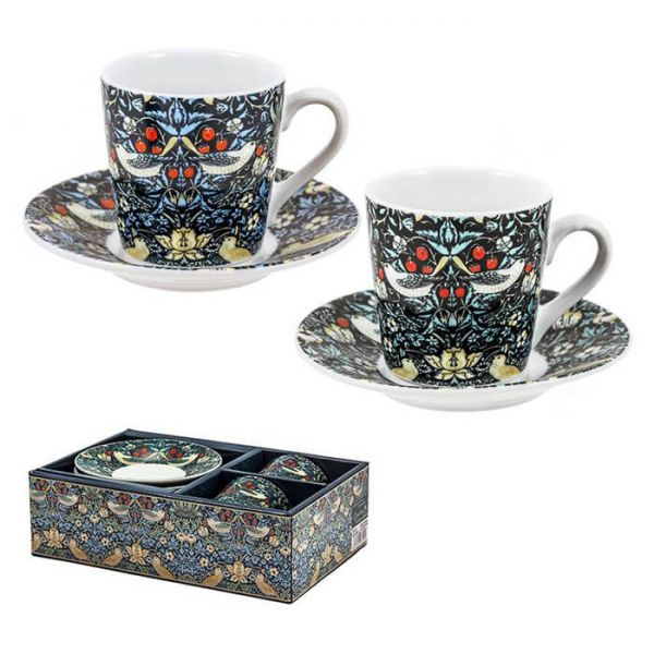 Bögre, csésze William Morris porcelán espresso kávés csésze aljjal - 2 darabos - Strawberry Thief
