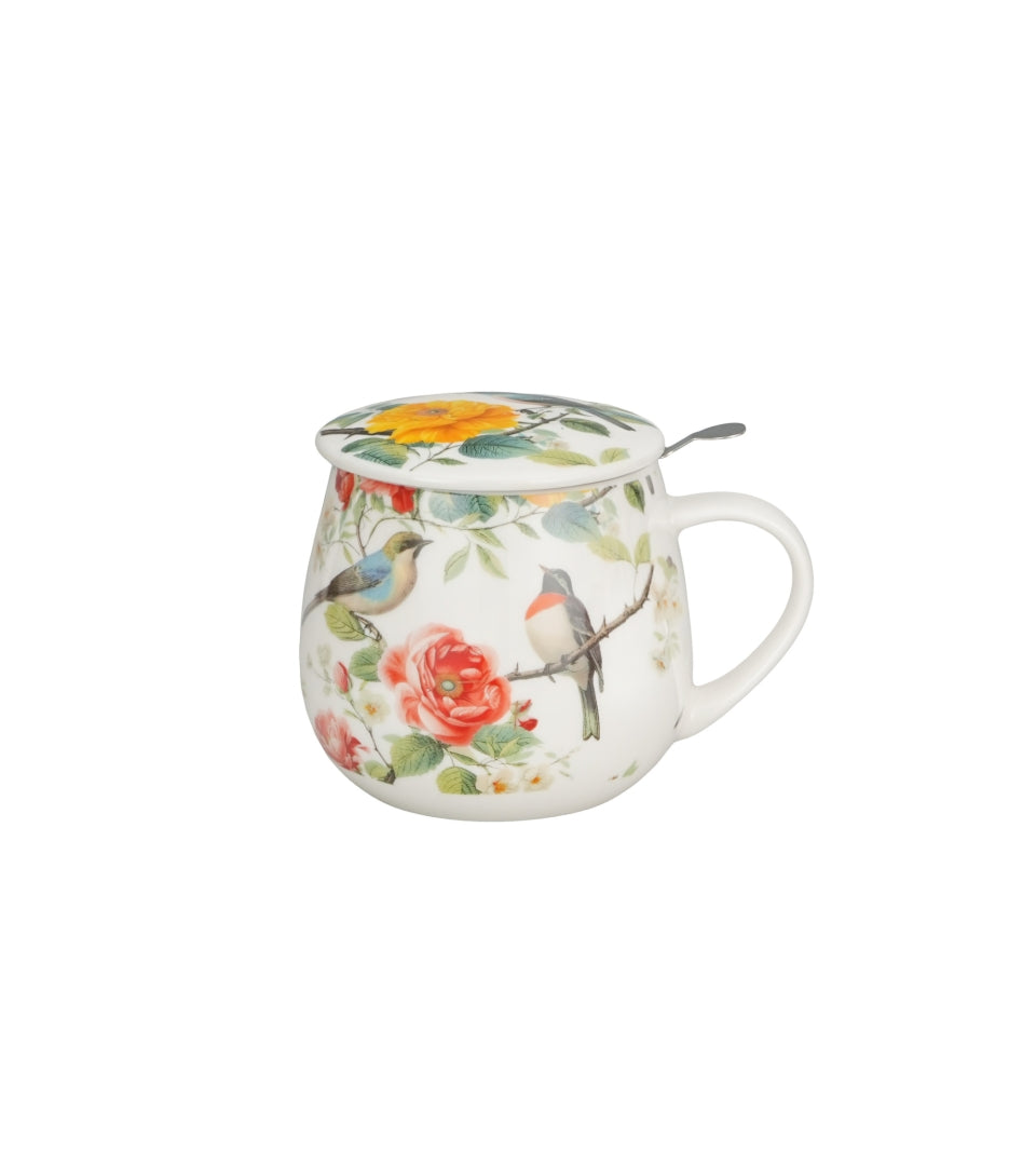 Porcelán madaras bögre fém szűrővel 430 ml ajándék díszdobozban April