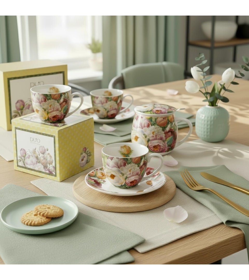 Porcelán virágos bögre fém szűrővel 430 ml ajándék díszdobozban Peonies