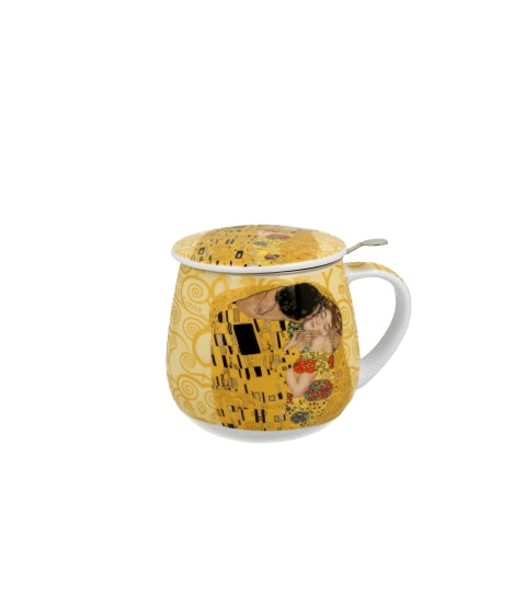 Porcelán teás bögre tetővel fém szűrővel 430 ml díszdobozban Gustav Klimt A Csók ekrü