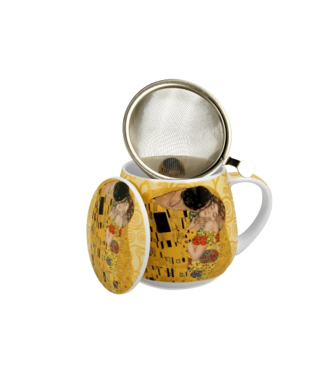 Porcelán teás bögre tetővel fém szűrővel 430 ml díszdobozban Gustav Klimt A Csók ekrü