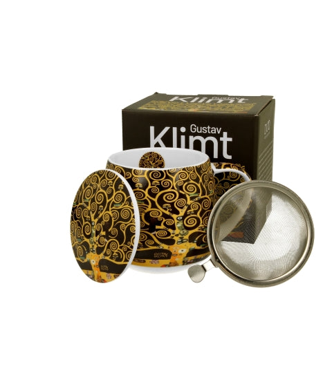 Porcelán teás bögre tetővel fém szűrővel 430 ml díszdobozban Gustav Klimt Életfa