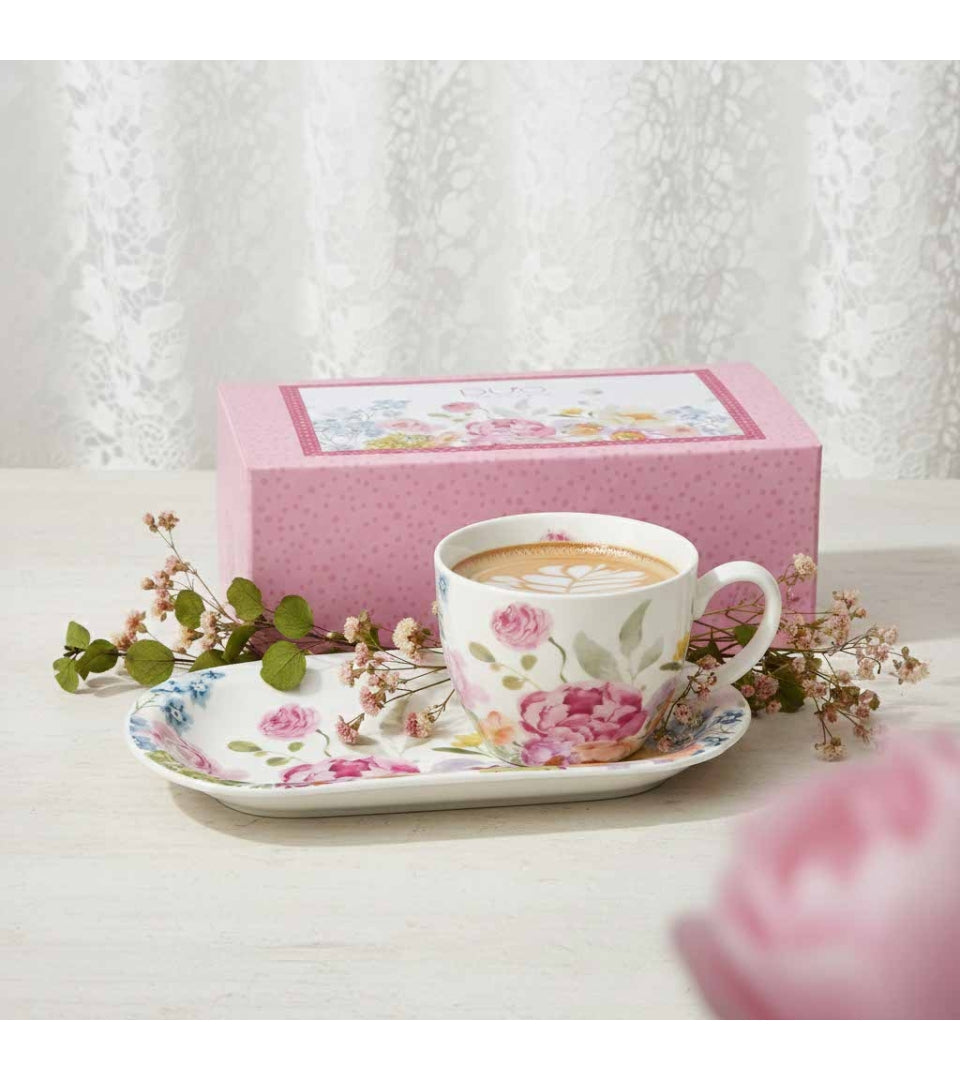 Porcelán reggeliző csésze hosszúkás aljjal 450 ml díszdobozban June