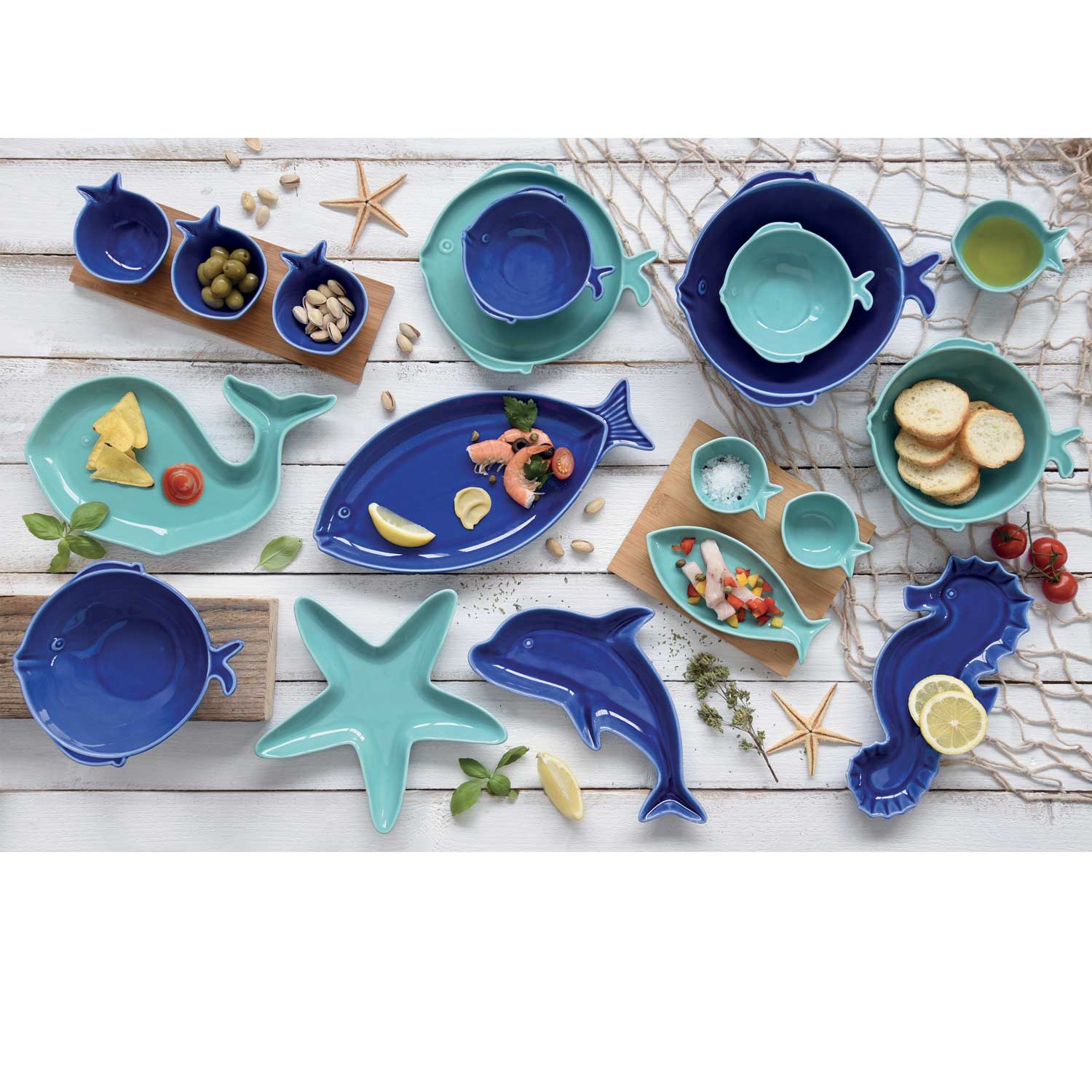Tányér, étkészlet 18 részes Porcelán mediterrán étkészlet hal alakú tányérokkal blue
