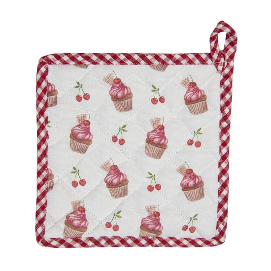 Edényalátét Cupcake és cseresznye mintás, fehér-piros pamut edényalátét, Cherry Cupcakes - Clayre-Eef