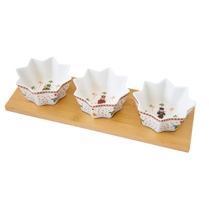 Tálka Diótörő porcelán csillag alakú kínáló tálka szett bambusztálcán, 4 részes, 34x12 cm, díszdobozban - Nutcrackers