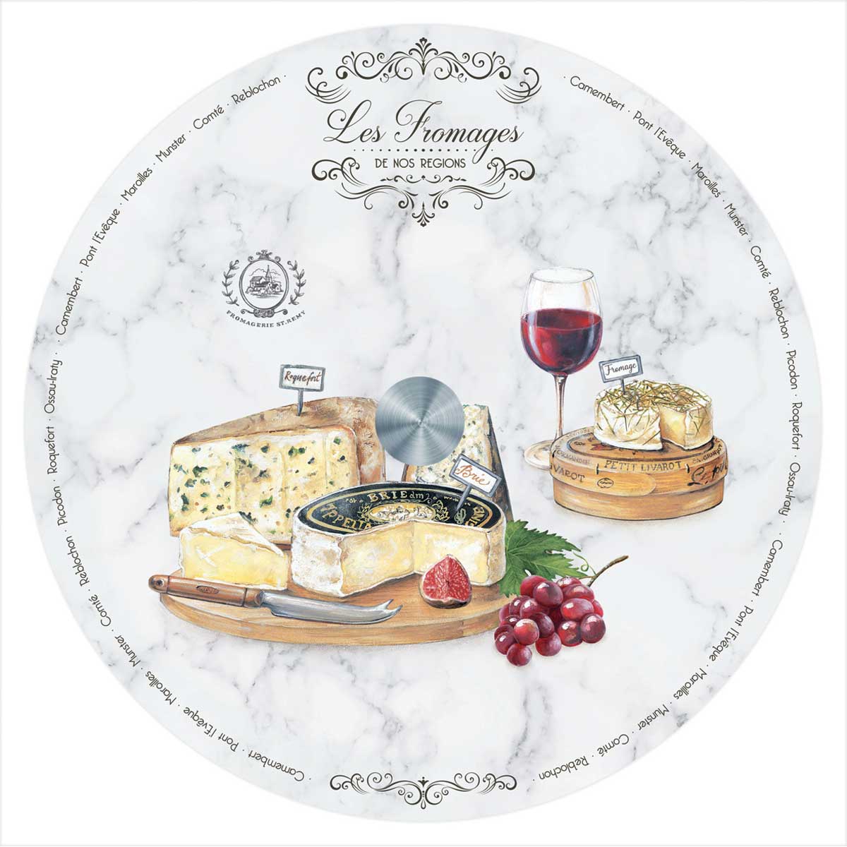 Sajtvágó Forgó sajtkínáló üvegtál Les Fromages
