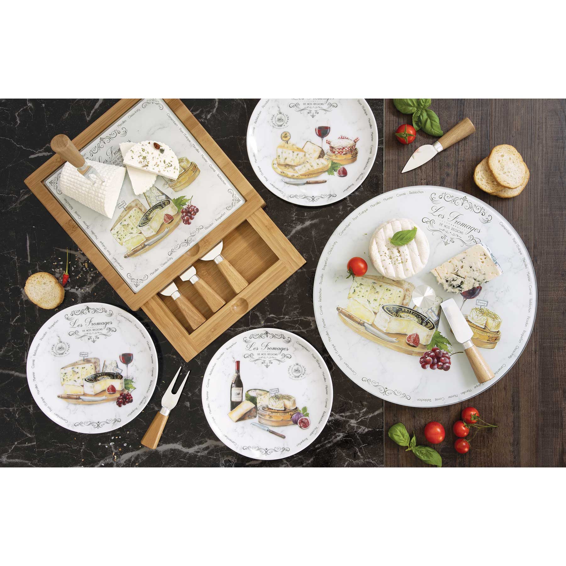 Sajtvágó Forgó sajtkínáló üvegtál Les Fromages