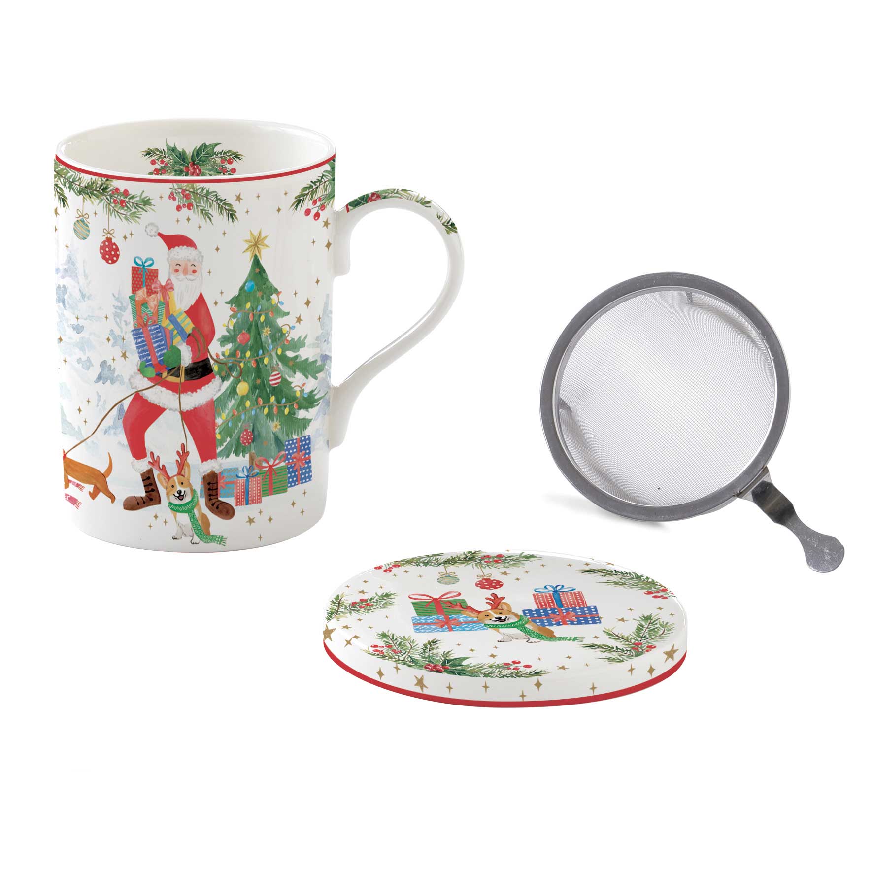 Tányér, étkészlet Joyful Santa karácsonyi porcelán bögre fém szűrővel