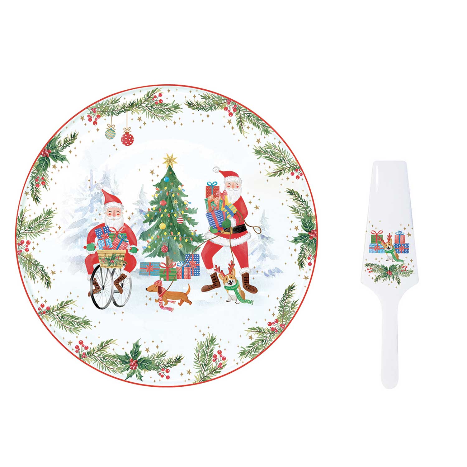 Tortatál Joyful Santa karácsonyi Porcelán tortatál lapáttal 32 cm