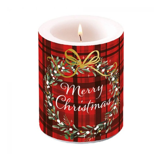 Gyertya Karácsonyi átvilágítós gyertya Christmas Plaid Red 12x10cm