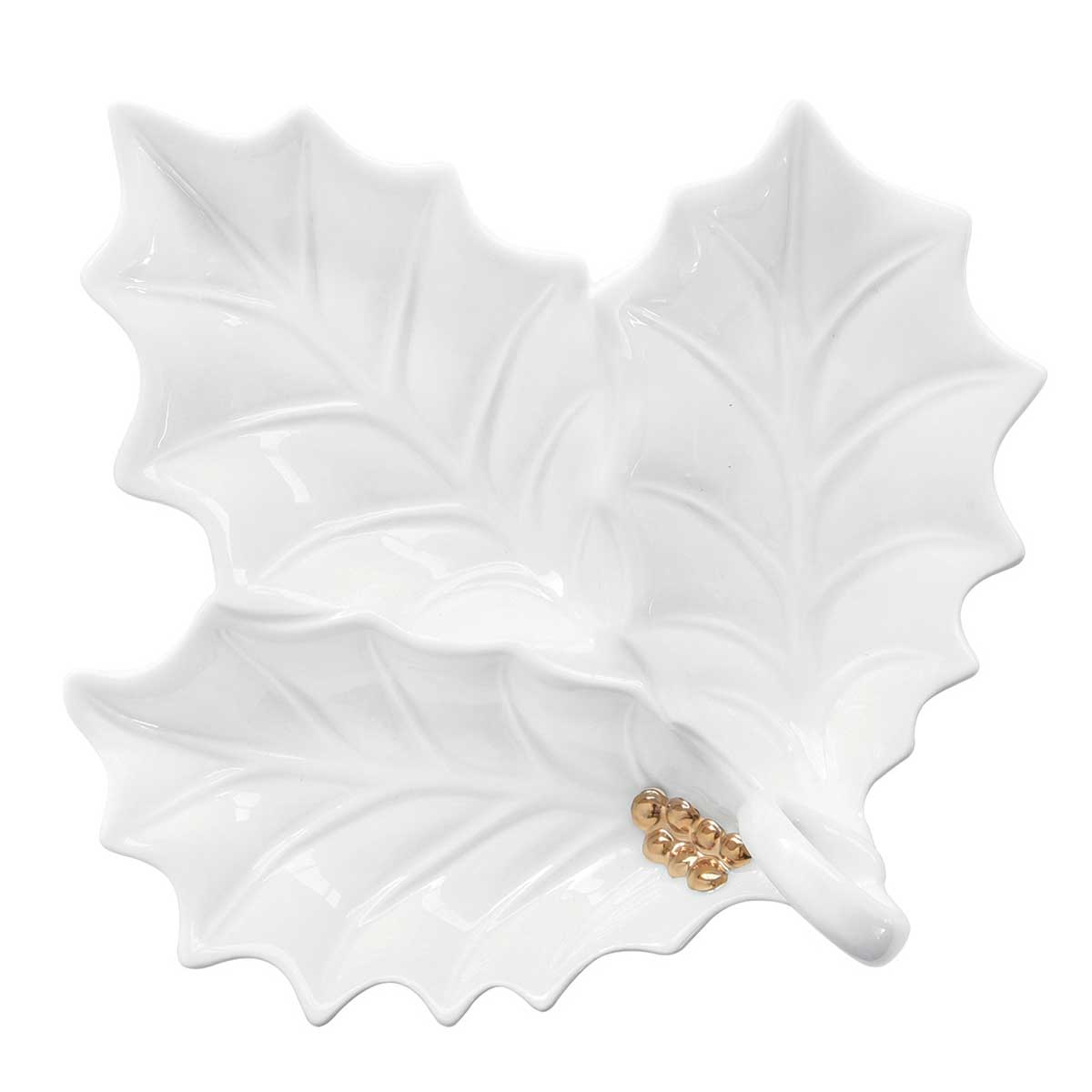 Kínáló tál Karácsonyi levél alakú asztali kínáló tálca fehér domború Holly Berries