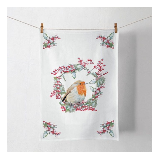 Konyharuha Karácsonyi pamut konyharuha Robin In Wreath 50x70cm