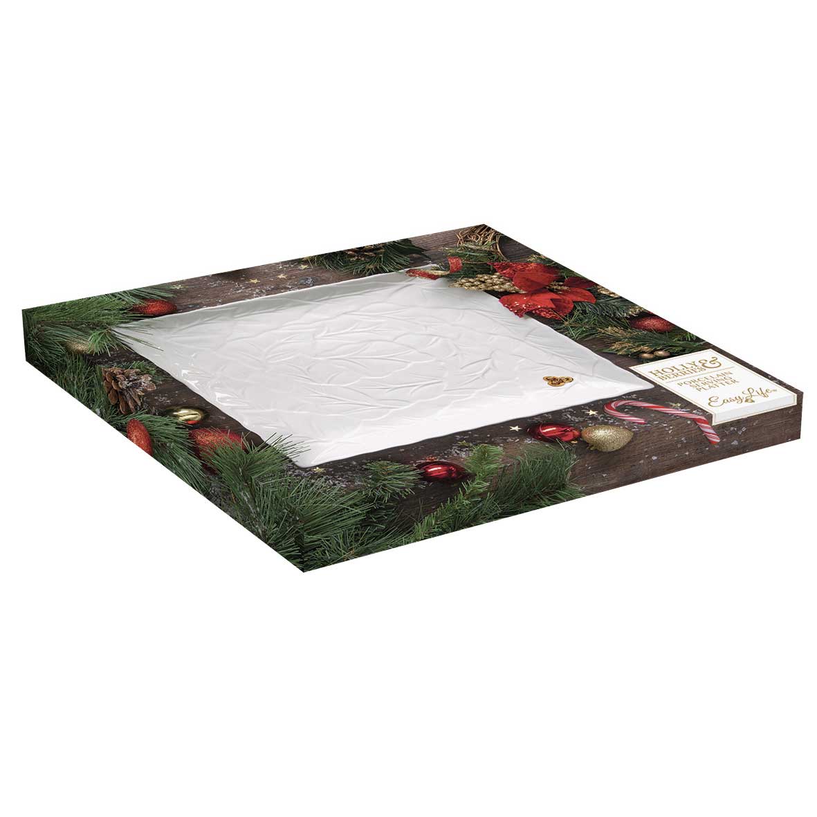 Tányér, étkészlet Karácsonyi porcelán fehér kínáló tálca domború mintás Holly Berries