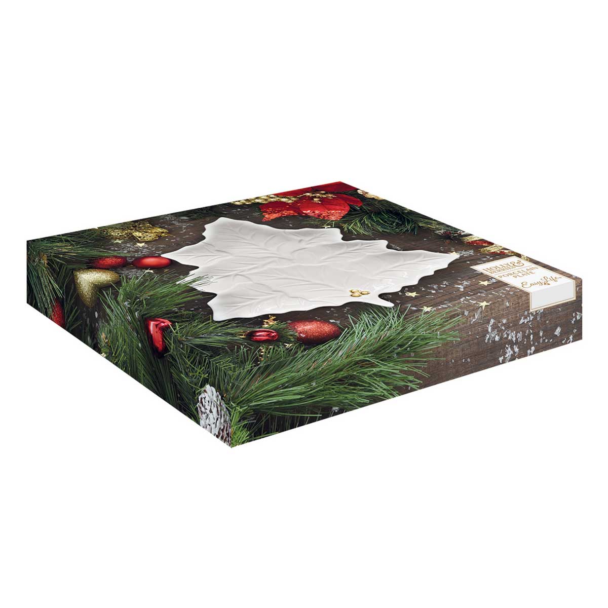 Tányér, étkészlet Karácsonyi porcelán levél alakú tányér fehér domború Holly Berries