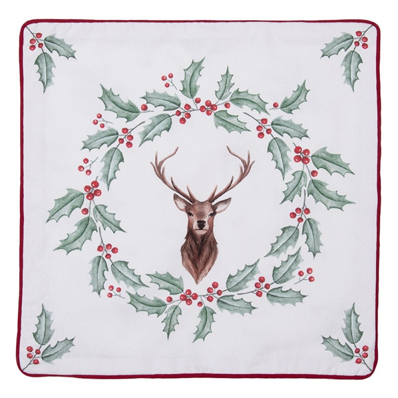Díszpárna huzat Karácsonyi szarvasos, magyal mintás pamut párnahuzat 40x40cm Holly Christmas