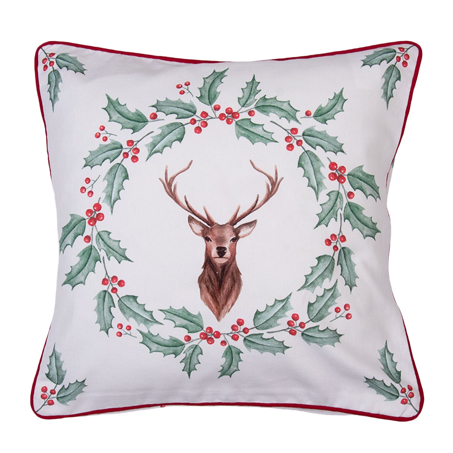 Díszpárna huzat Karácsonyi szarvasos, magyal mintás pamut párnahuzat 40x40cm Holly Christmas